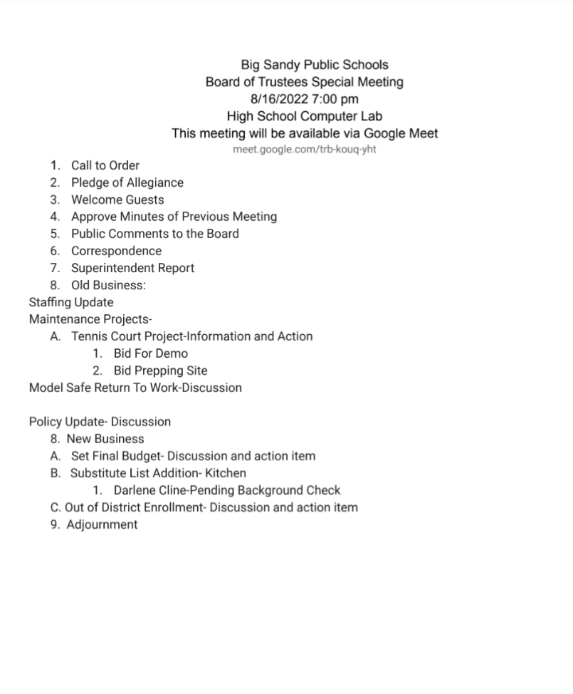 board agenda, August 16
