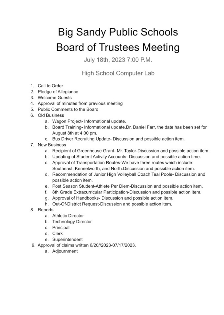 Agenda for 7/18/23 board meeting 