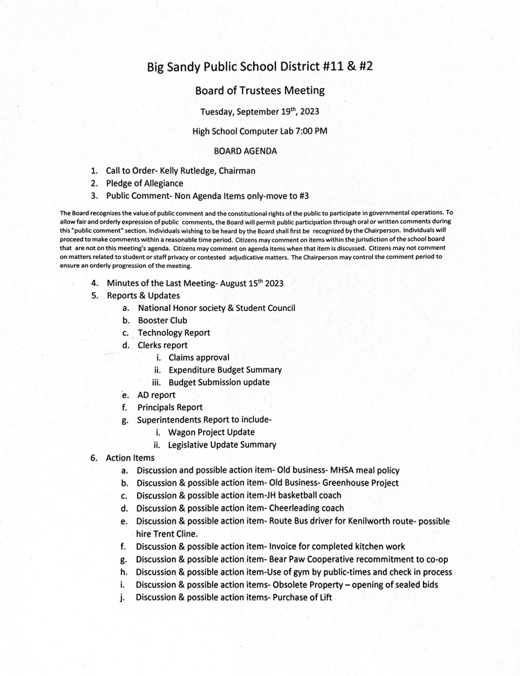 Agenda for regular board meeting 9/19/23
